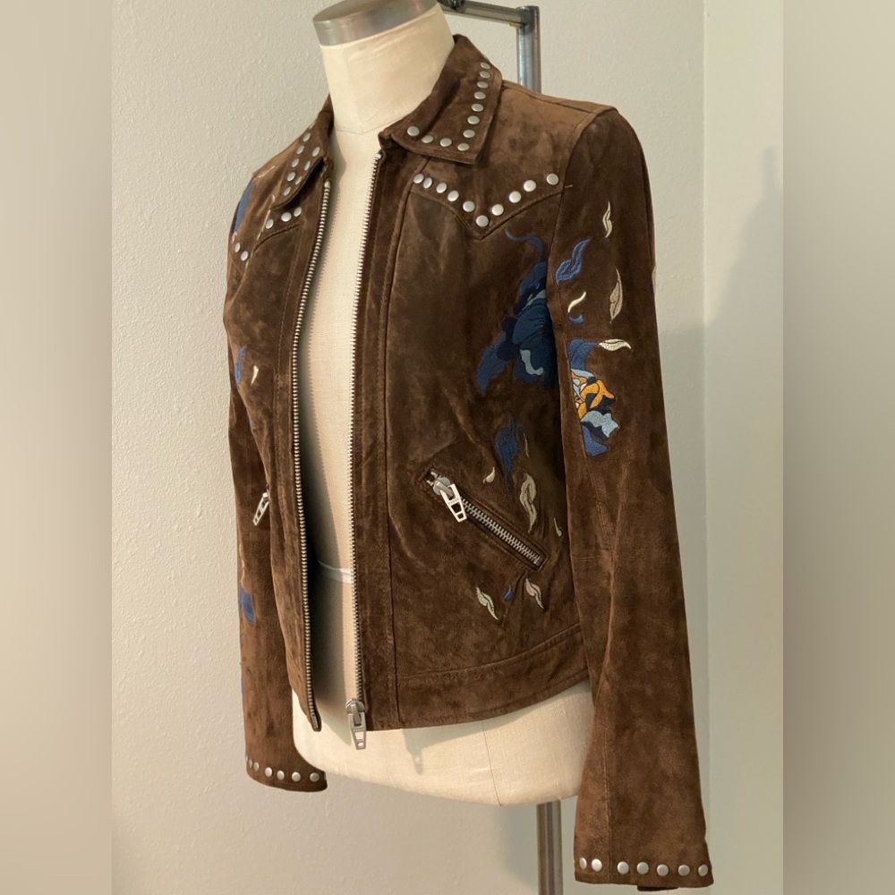 Blank NYC Brown Leather, Floral Embroidered, Studded Jacket